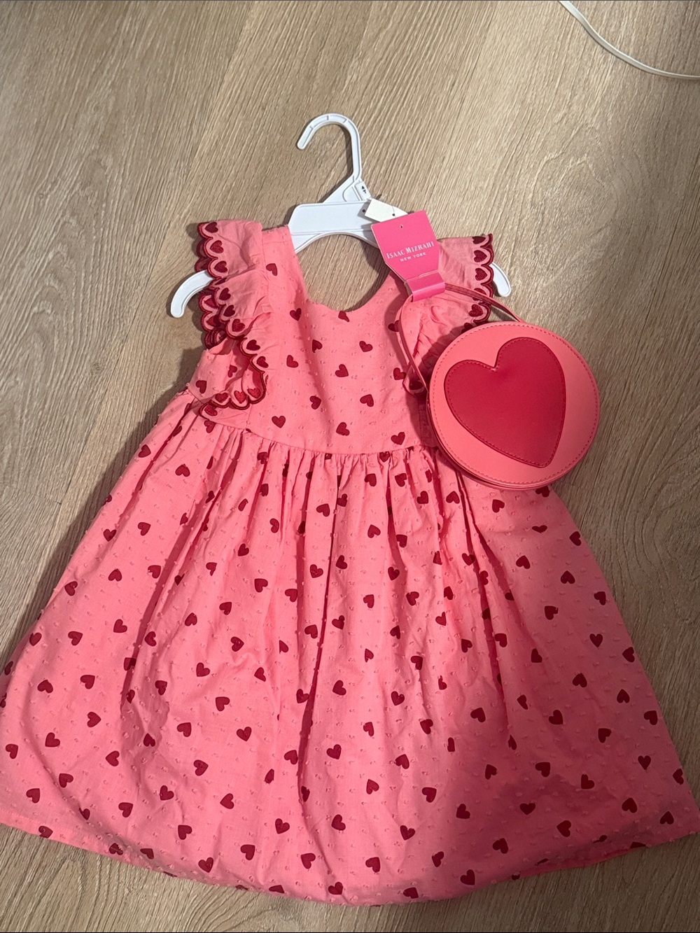 Isaac Mizrahi Coral Pink Dress with Red Heart Print & Heart Purse